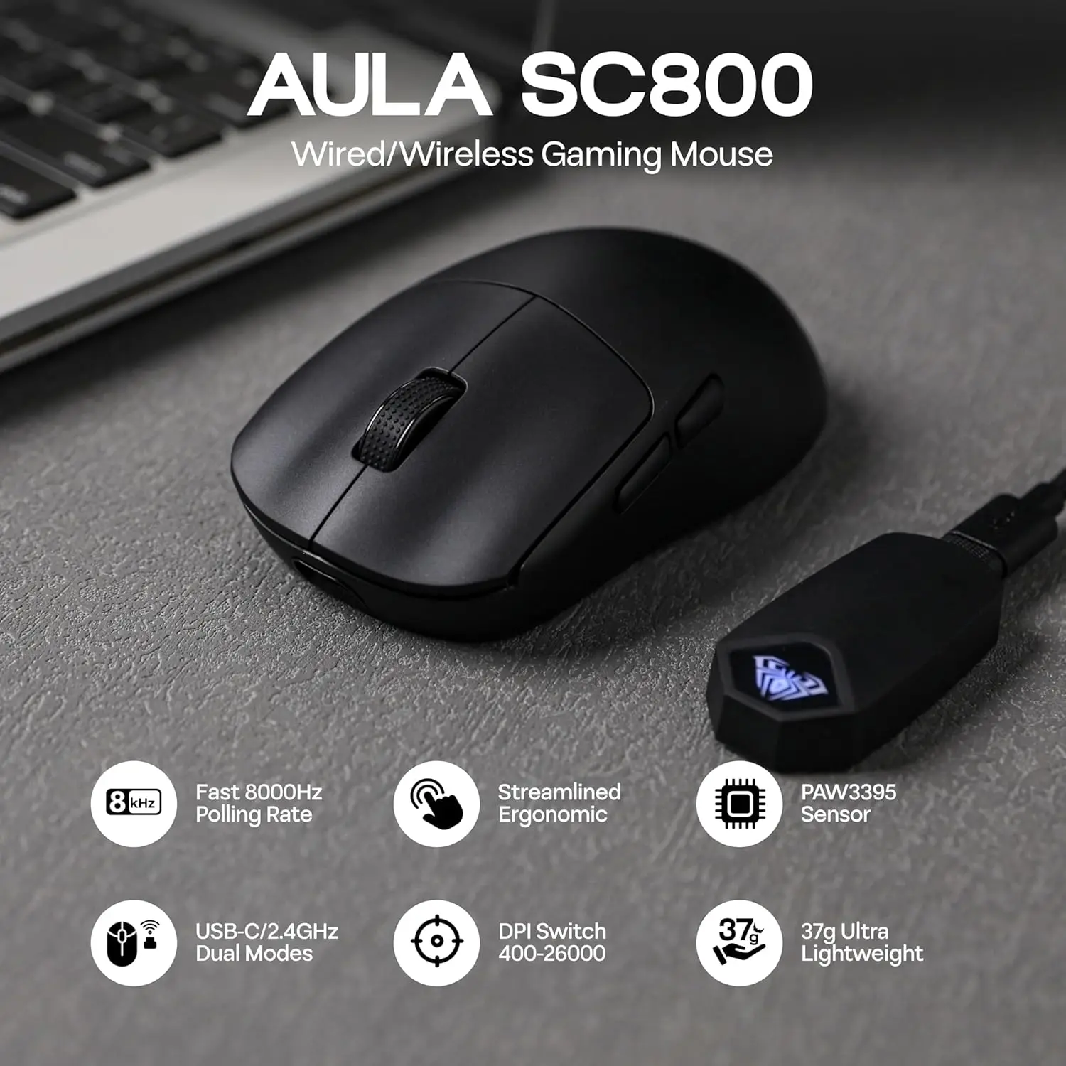 Esports Gaming Mouse Wireless - AULA SC800 Gaming Muis USB-C Bedraad/2.4G